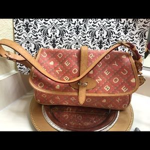 Dooney & Bourke Coral & Tan Crossword Letter  Heart Pattern Vinyl Purse